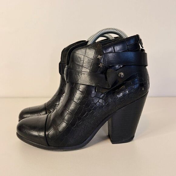 Rag & Bone Harrow Black Croc Embossed Leather Ankle Boots - Picture 4 of 7